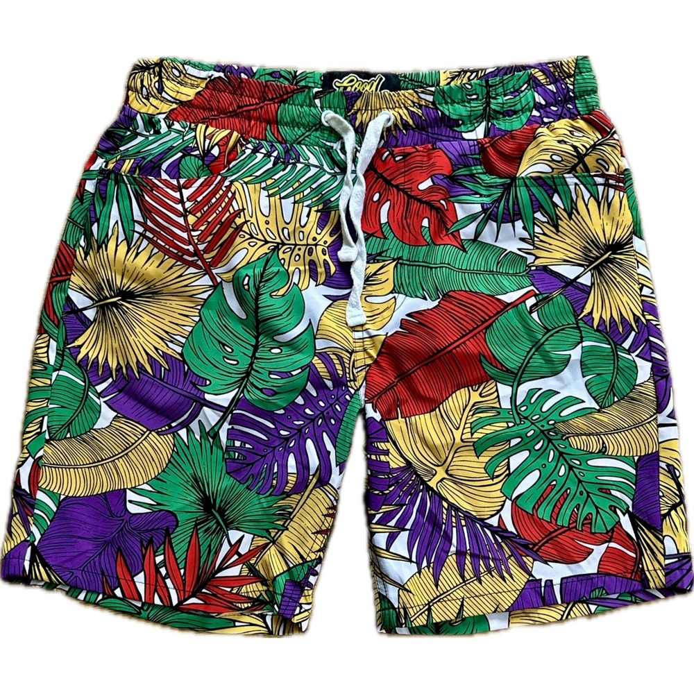 Good Vibes Drill Clothing Co Mens Tropical Leaf Print Stretch‎ Shorts Multi Med
